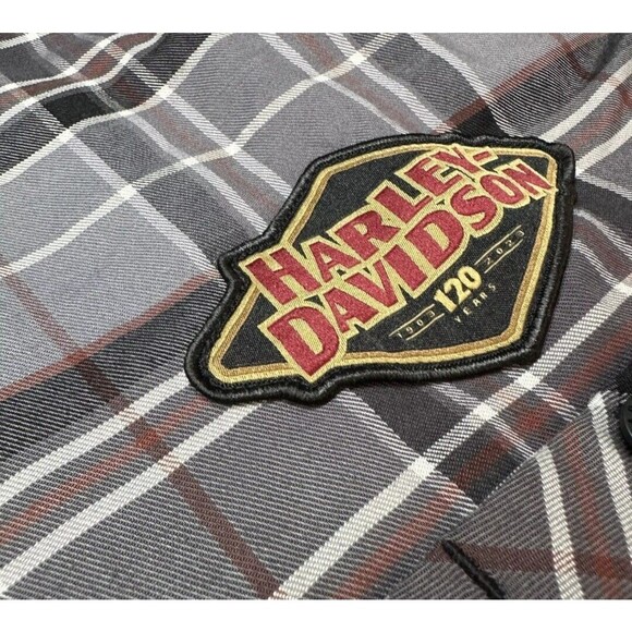 New Harley Davidson 120th Anniversary Plaid Button Up Shirt Grey Men’s Size LARG - Picture 5 of 9